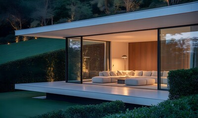 Modern House Exterior with Open Living Space and Evening Lighting