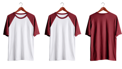 Three views of a maroon and white baseball t-shirt on a wooden hanger