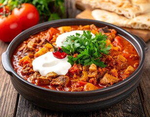 Close-up of a hearty, flavorful stew served in a dark, rustic bowl