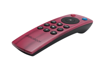 A sleek red and black television remote control isolated on transparent background