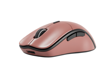 A sleek rose gold wireless computer mouse with black accents isolated on transparent background