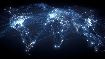 Illuminated world map at night showing densely populated urban centers and global connectivity through bright lights