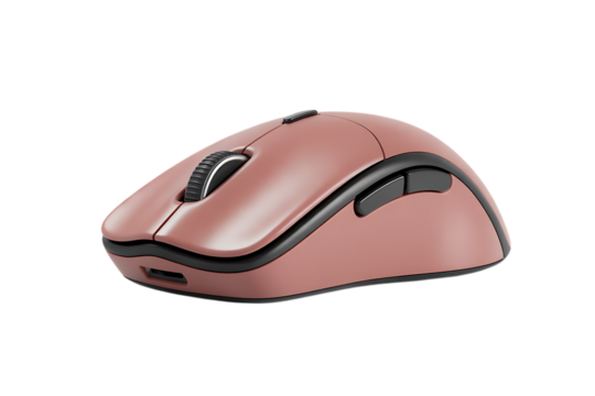 A sleek rose gold wireless computer mouse with black accents isolated on transparent background