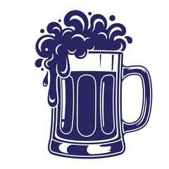 Stylized dark blue beer mug with frothy head overflowing on a white background