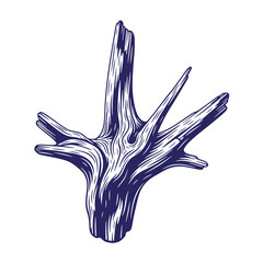 Stylized engraved illustration of a weathered tree stump isolated on a white background