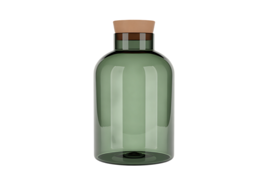 A tall clear green glass bottle with a cork stopper isolated on transparent background