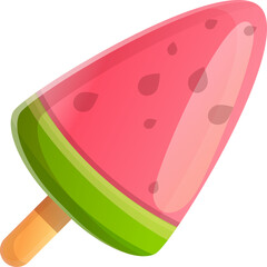 Cartoon Watermelon Slice Popsicle With Green Rind And Black Seeds On A Wooden Stick
