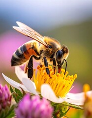 Close-up of a honeybee collecting nectar from a daisy-like flower