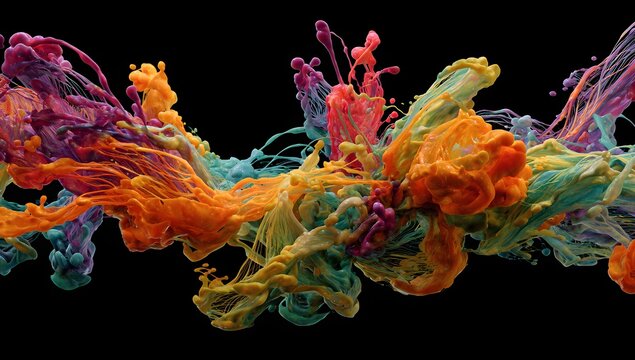 Vibrant abstract explosion of colorful ink swirling and diffusing in dark water creating dynamic fluid art patterns and organic shapes