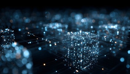 Abstract digital network of glowing blue lights and lines representing data flow and connectivity in a futuristic urban landscape at night