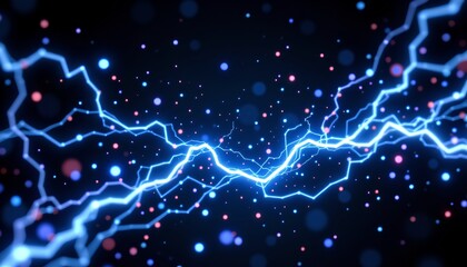 blue electric arcs and shimmering dots on a dark digital background.