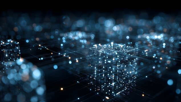 Abstract digital network of glowing blue lights and lines representing data flow and connectivity in a futuristic urban landscape at night - Powered by Adobe