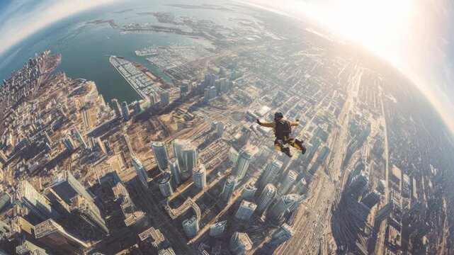 soaring heights adventure: A skydiver plunges towards the sprawling city and capturing the adrenaline rush, an aerial perspective that embodies freedom and the thrill of defying gravity.