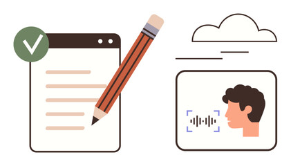 Pencil on paper next to digital voice icon and cloud, representing writing, speech recognition, and cloud data. Ideal for communication, technology, AI, remote work, education transcription simple
