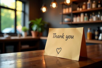 A thank you card with a heart is placed on a wooden table in a warm, inviting cafe.