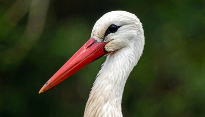 Close-up of a stork's head and neck, showcasing the distinctive red beak
