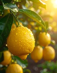 Close-up of a juicy lemon with water droplets, sunlit on a branch