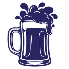 Vector illustration of a dark blue beer mug with overflowing foam on white background