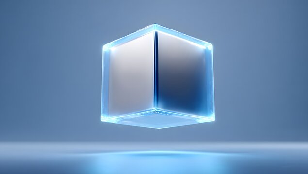 Abstract geometric prism shape with glowing blue light emanating from its edges and base suspended in a serene minimalist blue studio environment with subtle reflections