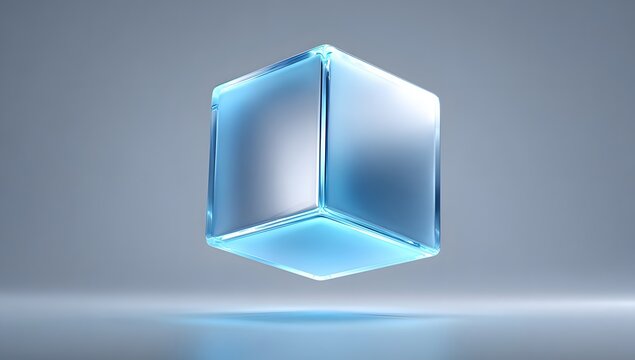 Abstract geometric crystal form with luminous blue light emanating from within floating in a soft gradient background representing technology and innovation