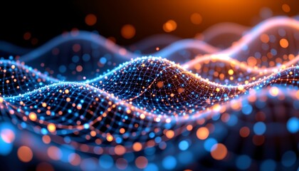 abstract holographic wave made of tiny glowing dots and pulsating energy lines.