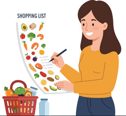 Woman writing grocery shopping list with healthy food items and basket isolated on transparent background Vector