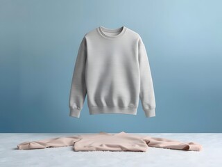 Gray sweatshirt hanging above folded beige pants on blue background