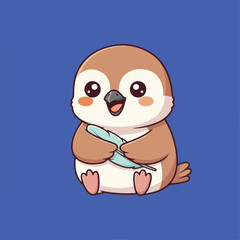 Adorable cartoon sparrow with big eyes and rosy cheeks, holding a blue feather, depicted against a solid blue background, showcasing a charming and innocent aesthetic.