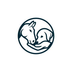 Minimalist Horse and Dog Logo Design in Circle with Hand Support