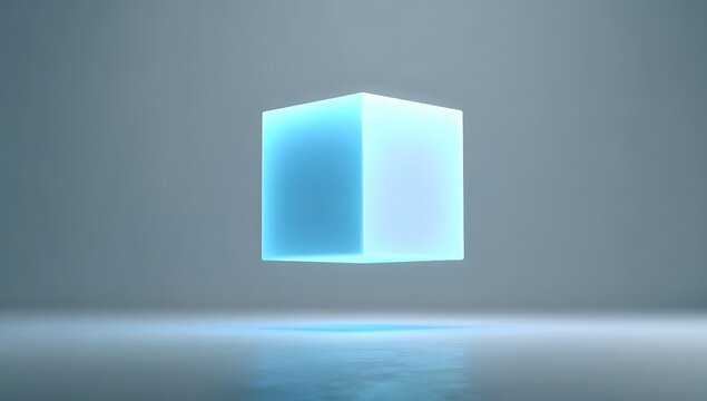 Illuminated translucent cube object suspended in a softly lit studio environment with subtle reflections on a polished surface creating a futuristic and abstract visual - Powered by Adobe