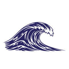 Vector illustration of a stylized cresting ocean wave in deep blue on a white background
