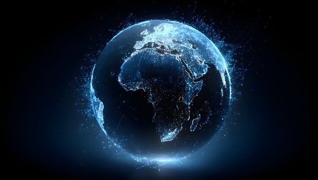 Illuminated earth globe with glowing continents and atmospheric energy streams against a dark cosmic background representing global connectivity and digital networks