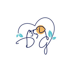 Minimalist Line Art: Dog and Cat in Heart Shape with Leaves