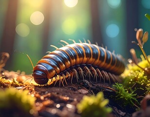 Close-up of a millipede crawling on moss with sun-dappled forest background