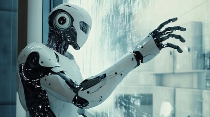 The Kiberg robot from the cleaning service looks at a large dirty window and wipes it with a cloth, ensuring that the window is perfectly clean.