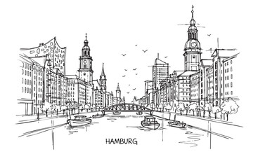 Fototapeta premium Hand-Drawn Sketch of Hamburg Cityscape with Alster River, Boats, and Historic Buildings Outline Vector
