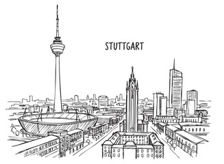 Obraz premium Hand-Drawn Sketch of Stuttgart Germany Skyline with TV Tower and Modern Buildings Outline Vector