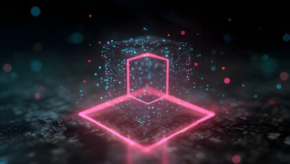 Illuminated geometric neon shapes in a dark abstract environment with glowing particles and reflective surfaces creating a futuristic digital atmosphere