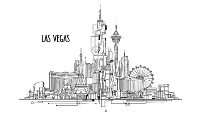 Hand-Drawn Sketch of Las Vegas Strip Skyline with Famous Casinos and Landmarks Outline Vector