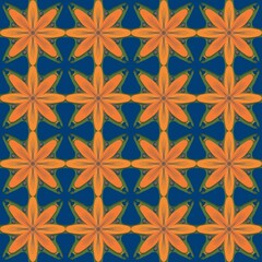 abstract seamless pattern,painted blue, orange curves create to flower shape,leaves,green background in geometric patterns as sarong,fabric,tile,printed fabric,batik,tablecloth patterns.