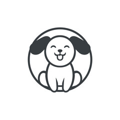 Minimalist Smiling Dog Icon with Circle Outline and Dark Gray Accents