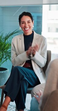 Business, happy woman and applause in meeting for counseling success, company wellness or support. Mature person, people and clap in office with team celebration, EAP workshop or therapy achievement.