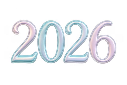 Future 2026 year iridescent numbers on transparent background