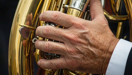 Close-up of a musician's hand on a gleaming brass instrument