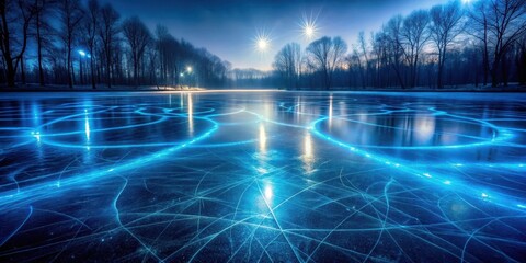 Frozen lake at twilight, reflecting the wintry trees and the celestial glow of the twin stars above, creating a serene and magical winter landscape.