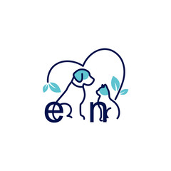 Modern Pet Care Logo with Dog, Cat, Heart, and Leaves in Blue