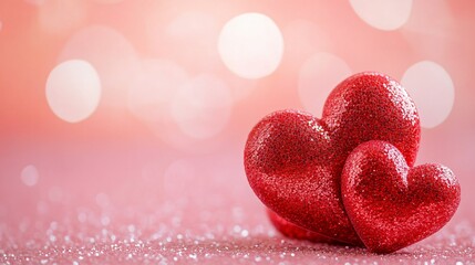 Fototapeta premium Red hearts on a pink background with bokeh, space for text