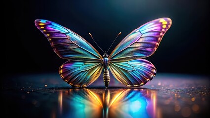 A vibrant iridescent butterfly with shimmering wings, reflecting its radiant colors on a dark, glistening surface, a mesmerizing display of nature's artistry