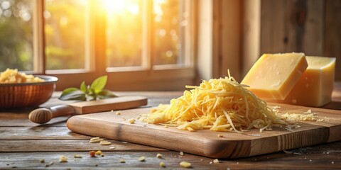 A sunlit rustic kitchen scene featuring freshly grated cheese on a wooden board, accompanied by blocks of cheese and a hint of fresh herbs