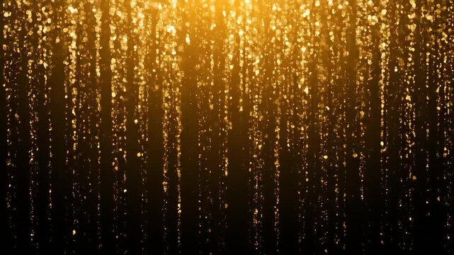 Golden glitter garland hanging down on dark background, festive decoration for christmas time vintage gold bokeh light